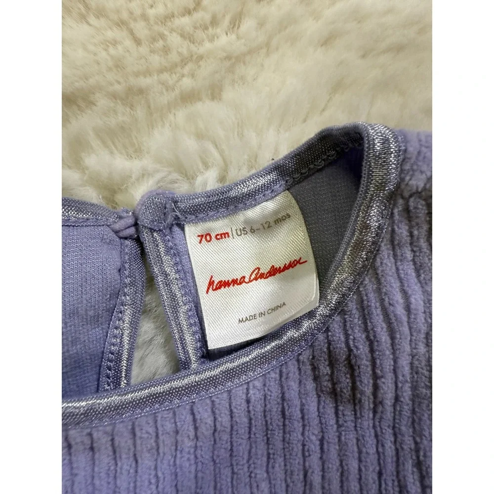 Hanna Andersson Dress 6-12M Purple Ribbed Ruffle Long Sleeve Metallic Trim Cozy